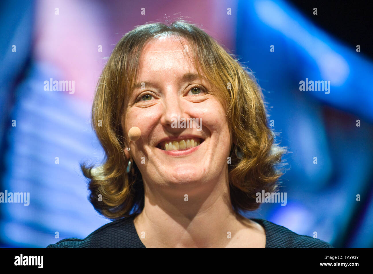 Catherine Fletcher on stage at Hay Festival to celebrate the 500th anniversary of the death of Leonardo da Vinci Hay-on-Wye Powys Wales UK Stock Photo