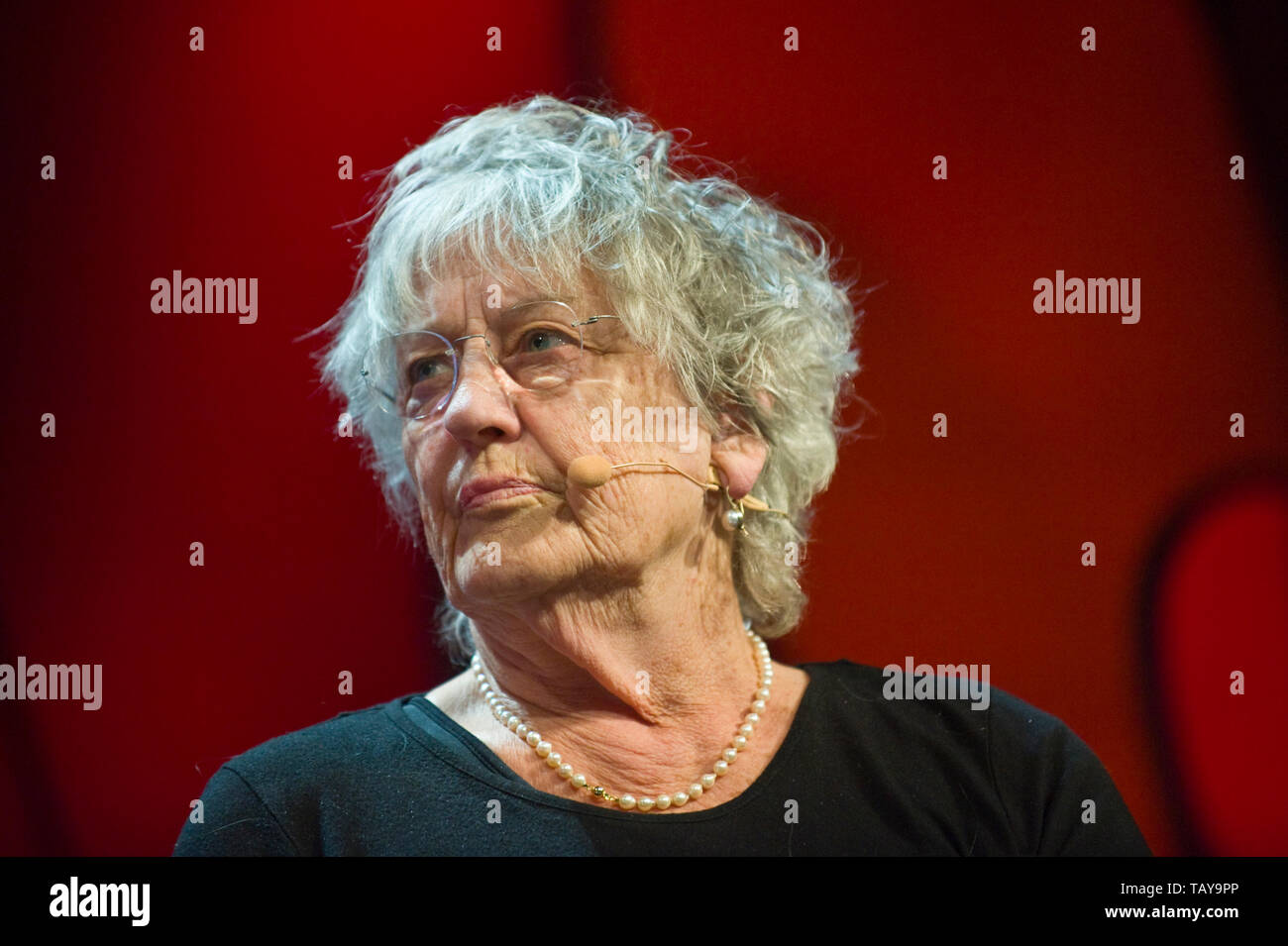 Germaine Greer on stage at Hay Festival to celebrate the 500th anniversary of the death of Leonardo da Vinci Hay-on-Wye Powys Wales UK Stock Photo