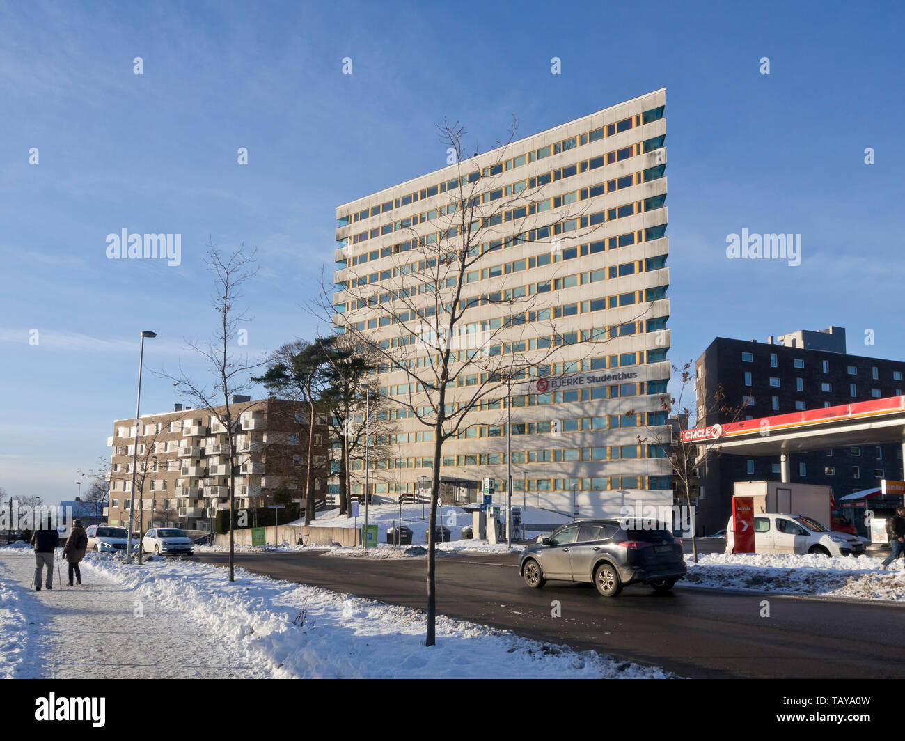 Bjerke student house, accommodation in Oslo Norway for students from out of town in a triangular tower block, architects Borgen og Bing Lorentzen Stock Photo