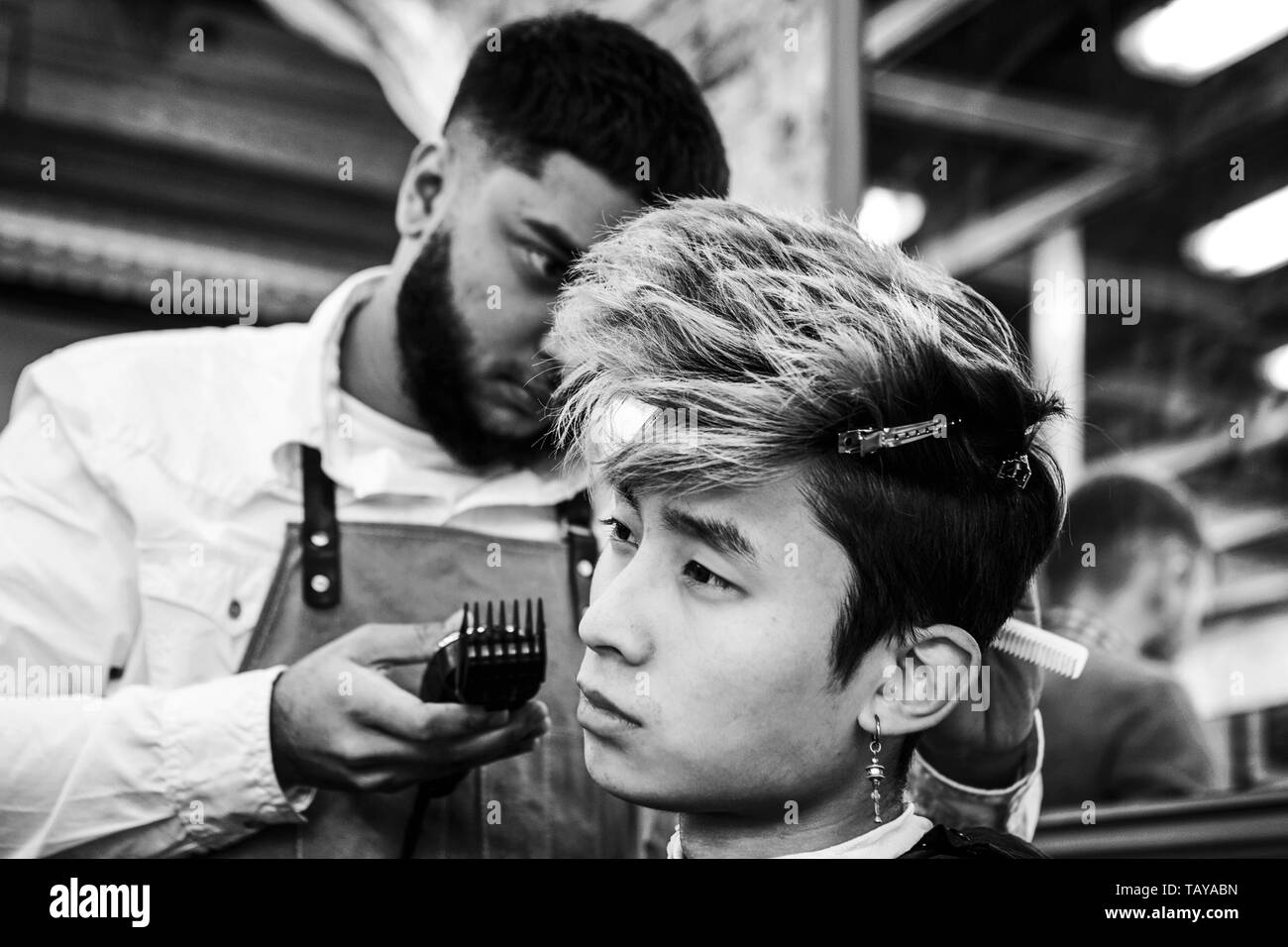 Service industry: barber cutting hair. Stock Photo