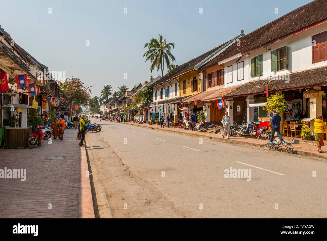 Luang Prabang, Laos - Feb 2016: Main street in the downtown of Luang Prabang where architecture is mostly French colonial Stock Photo