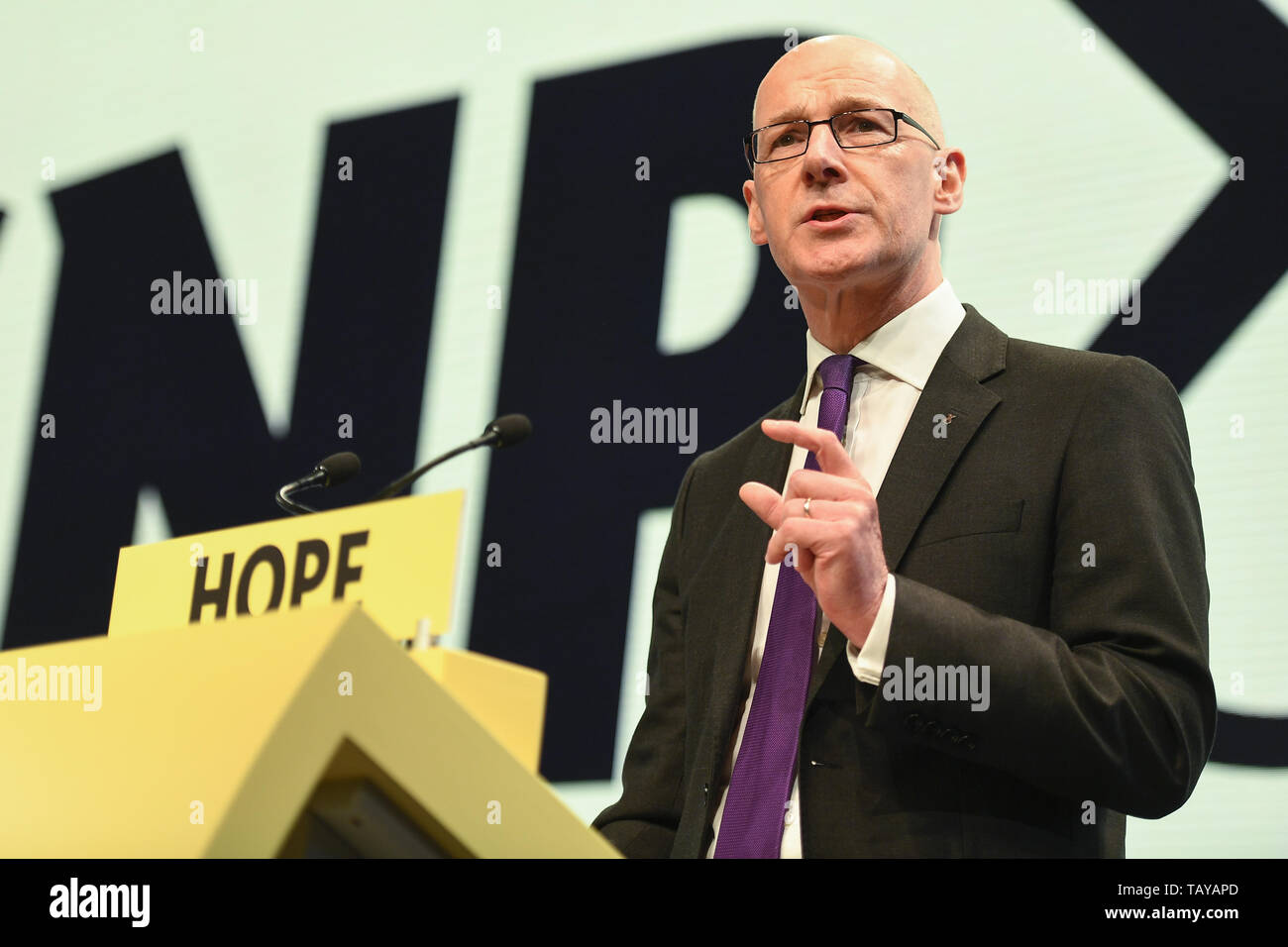 The Scottish National Party annual Spring conference is held at the EICC in Edinburgh.  Featuring: John Swinney Where: Edinburgh, United Kingdom When: 27 Apr 2019 Credit: Euan Cherry/WENN Stock Photo
