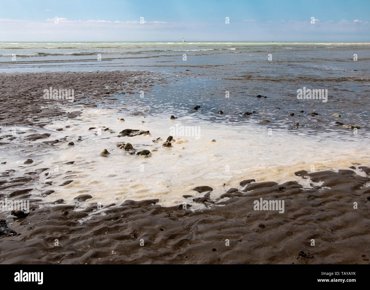 sea foam forming on the beach in Worthing, West Sussex, UK Stock Photo