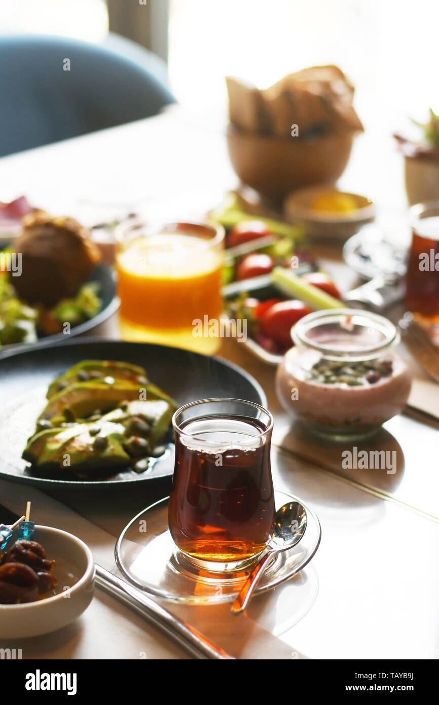 Turkish breakfast with various plates on a table Stock Photo