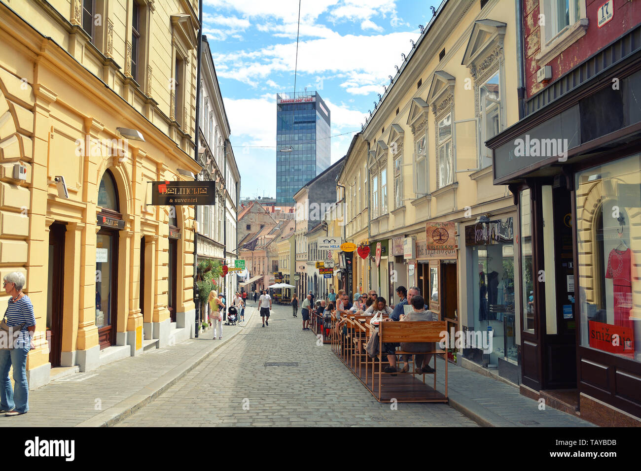 ZAGREB, CROATIA - JULY 15, 2017. Radiceva Street view in Old town of Zagreb with Zagreb 360° cafe and observation deck, Croatia Stock Photo