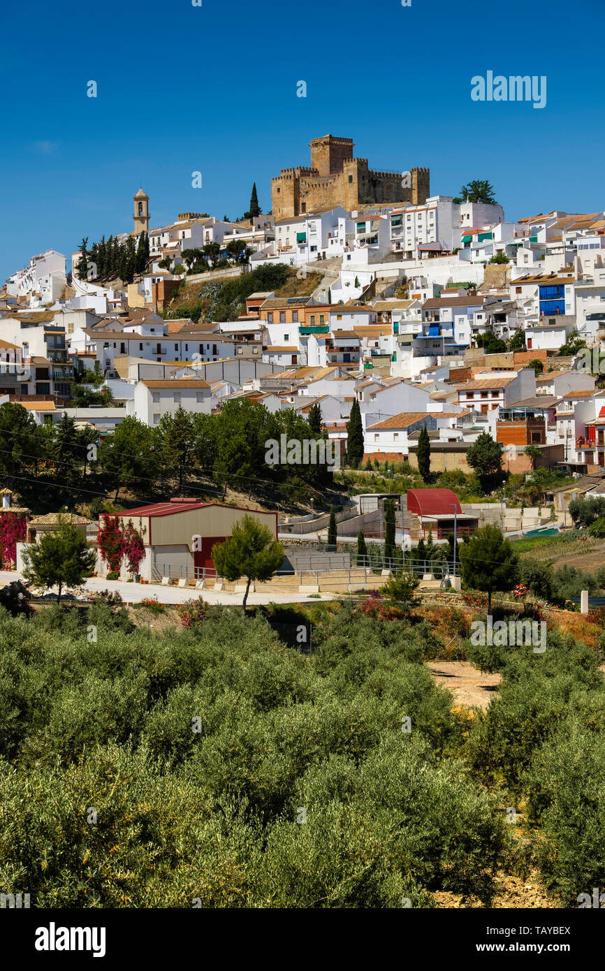 Panoramic view of the castle and the village of Espejo. Cordoba province, southern Andalusia. Spain Europe Stock Photo