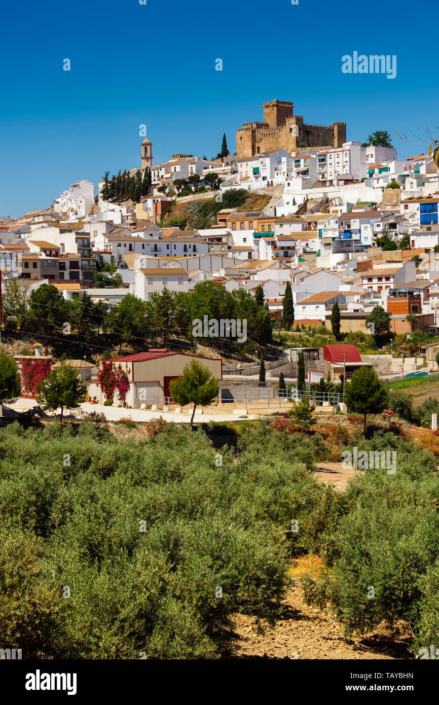 Panoramic view of the castle and the village of Espejo. Cordoba province, southern Andalusia. Spain Europe Stock Photo