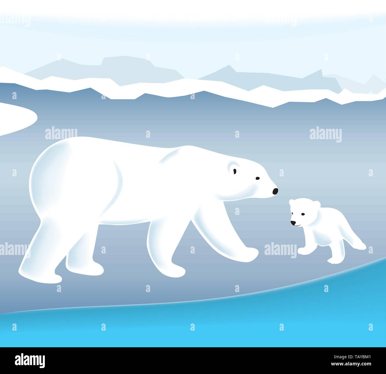Vector illustration. Polar bear and its cub on ice. Stock Vector