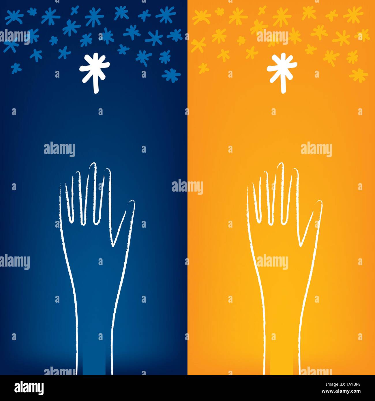 Vector illustration. Two hands reaching the stars. Stock Vector