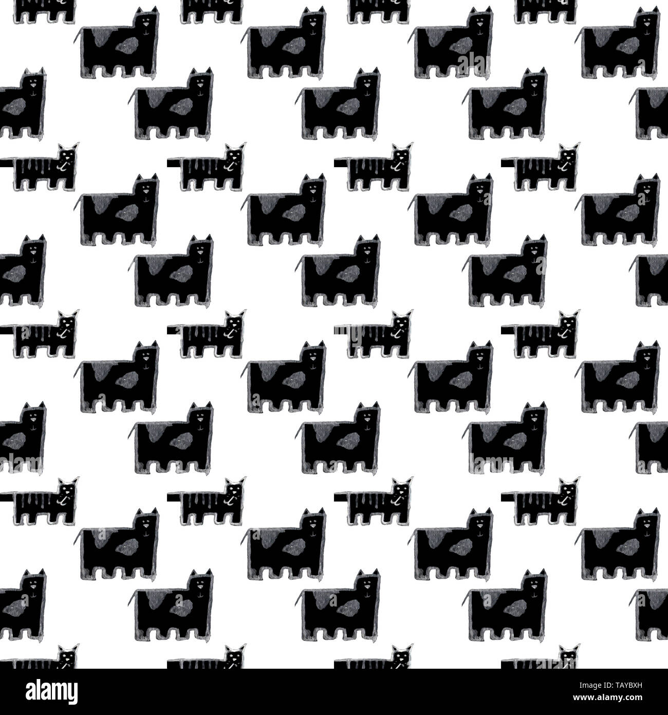 Doodle cats seamless pattern. Black and white cute background. Great for coloring book, wrapping, printing, fabric and textile. Stock Photo