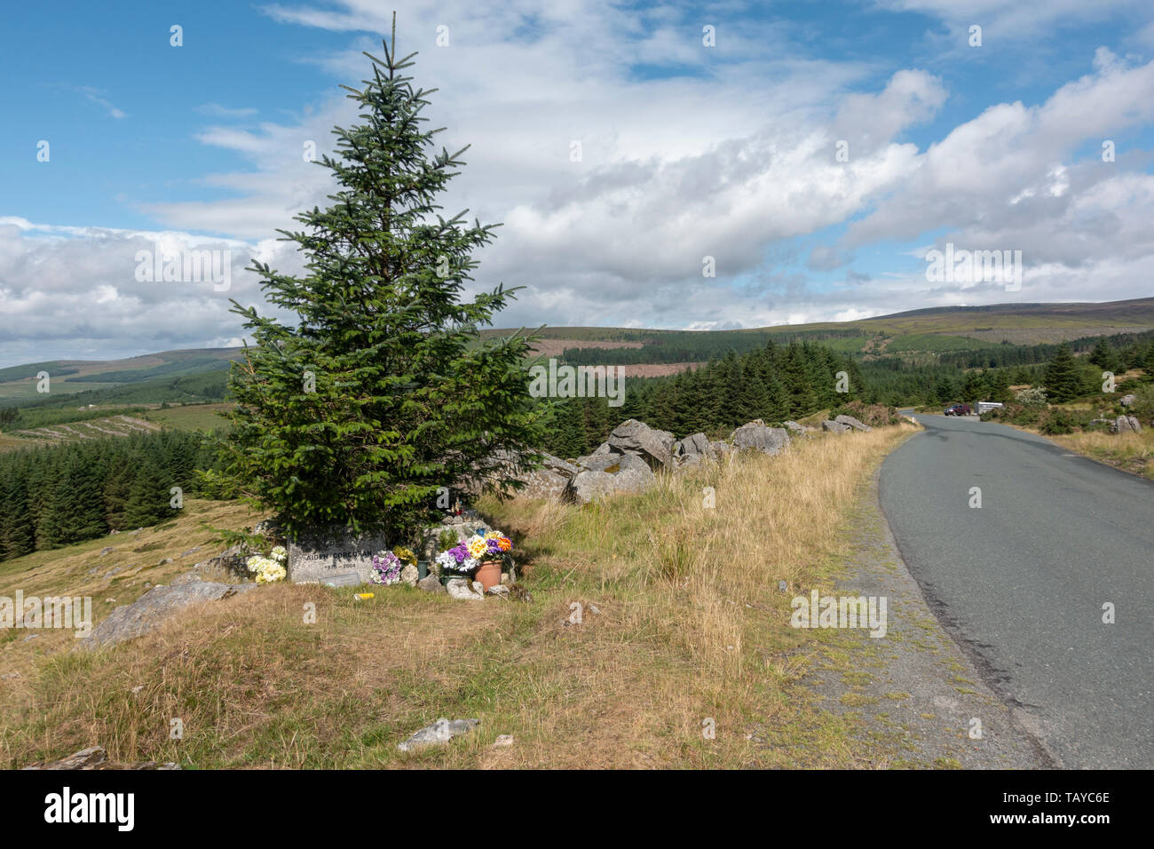 Roadside memorial on Wicklow Gap looking west from Turlough Hill on the edge of the Wicklow Mountains National Park, Co. Wicklow, Eire. Stock Photo