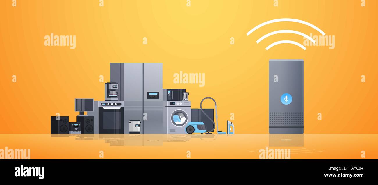 smart home assistant intelligence speaker controlling different home appliances devices network concept flat Stock Vector