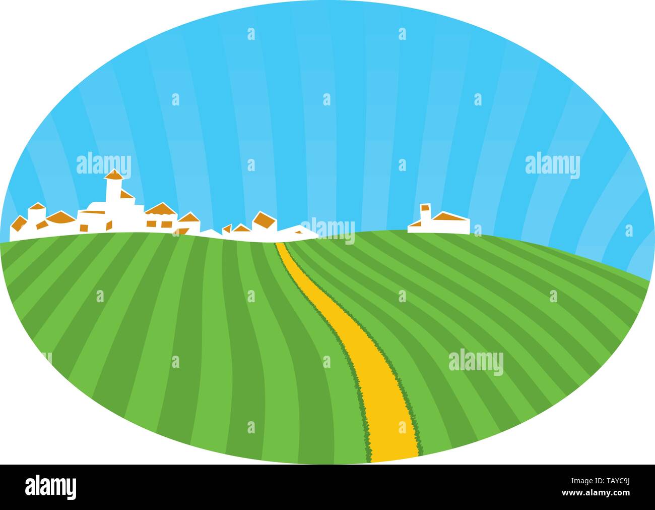 Vector illustration. Traditional drawing of small village with fields ...