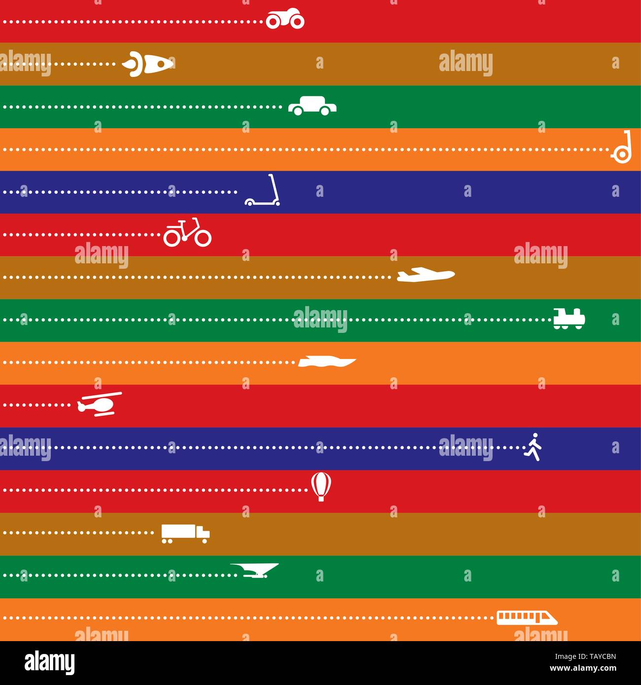 Vector illustration. Different vehicles running over stripped pattern. Stock Vector