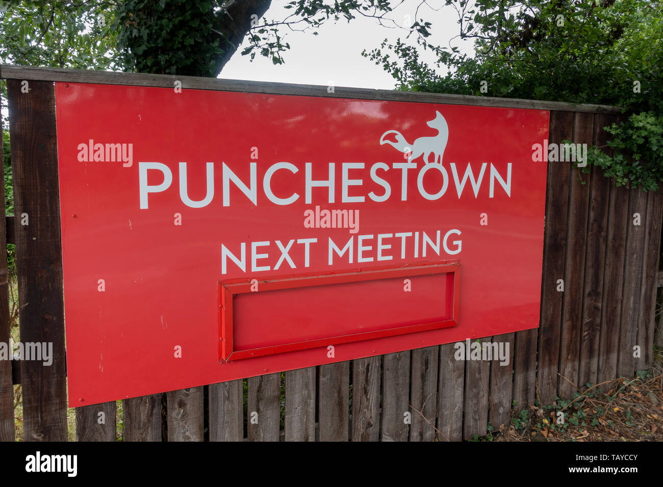 Sign at the entrance to Punchestown Racecourse Eadestown, County Kildare, Ireland. Stock Photo