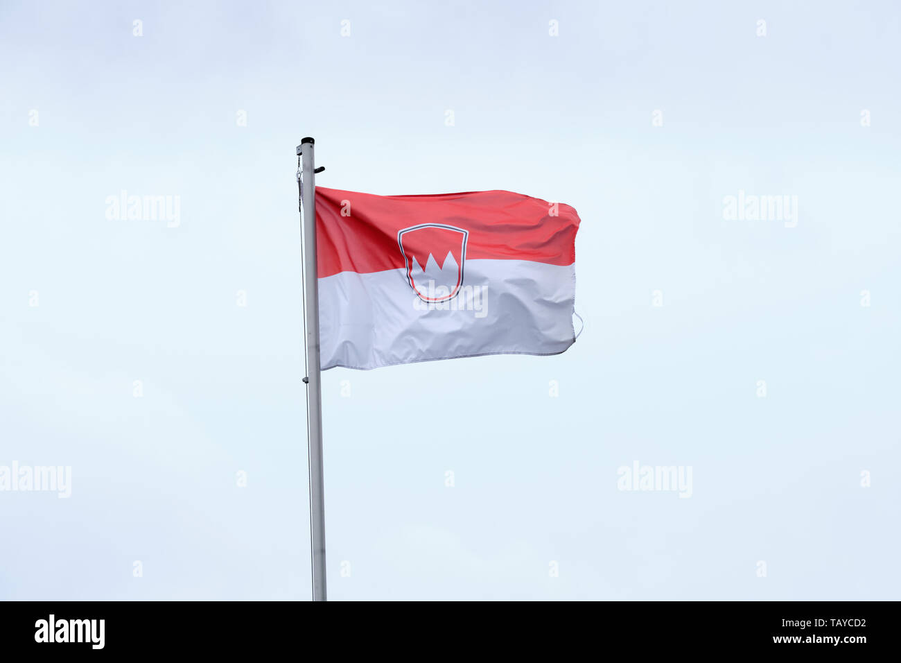 The Franconian Flag blowing in the wind on a pole in a garden in Nuremberg, Germany. Stock Photo