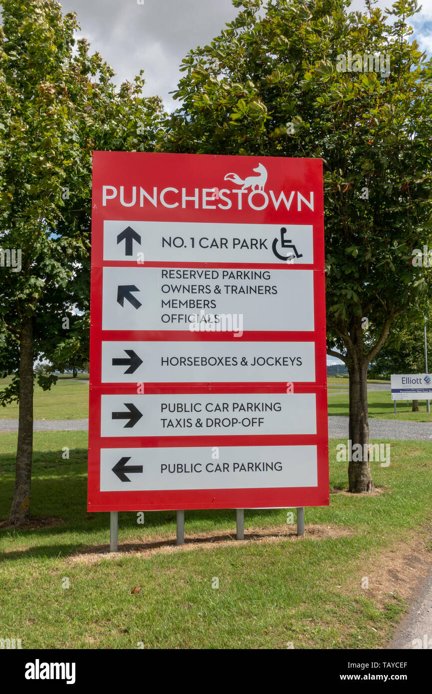 Sign at the entrance to Punchestown Racecourse Eadestown, County Kildare, Ireland. Stock Photo