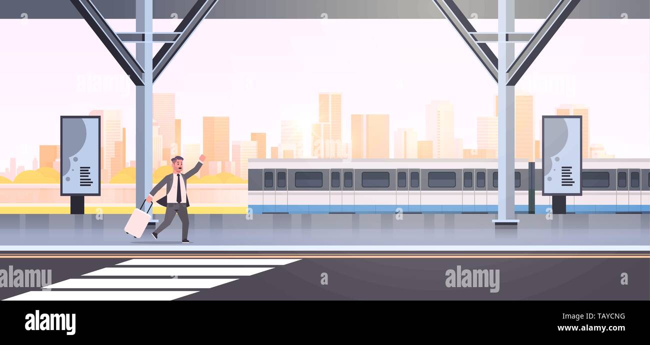 businessman running to catch train business man with luggage on railway ...