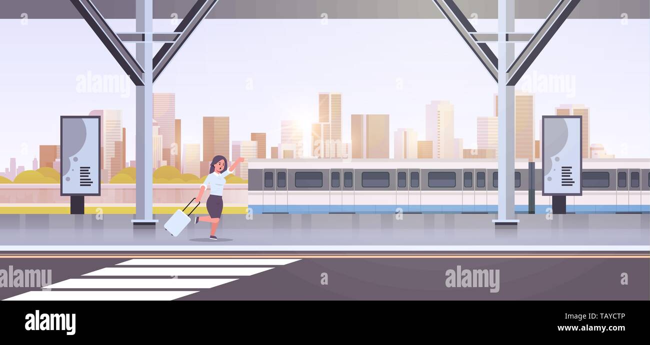 businesswoman running to catch train business woman with luggage on railway station city public transport female cartoon character cityscape Stock Vector