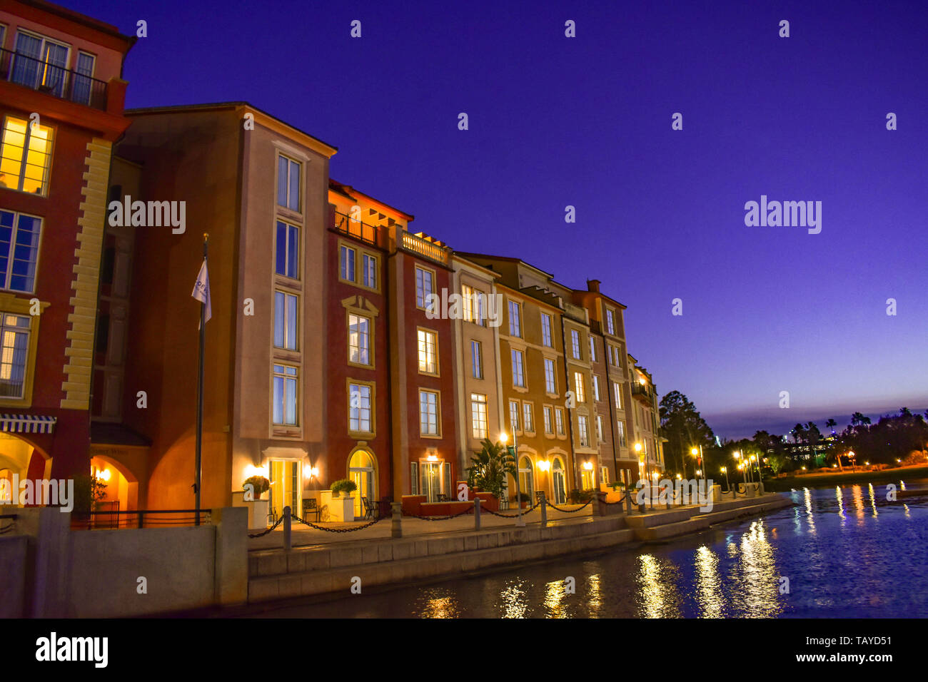 Orlando, Florida. January 05, 2019. Colorful dockside buildings on blue ...