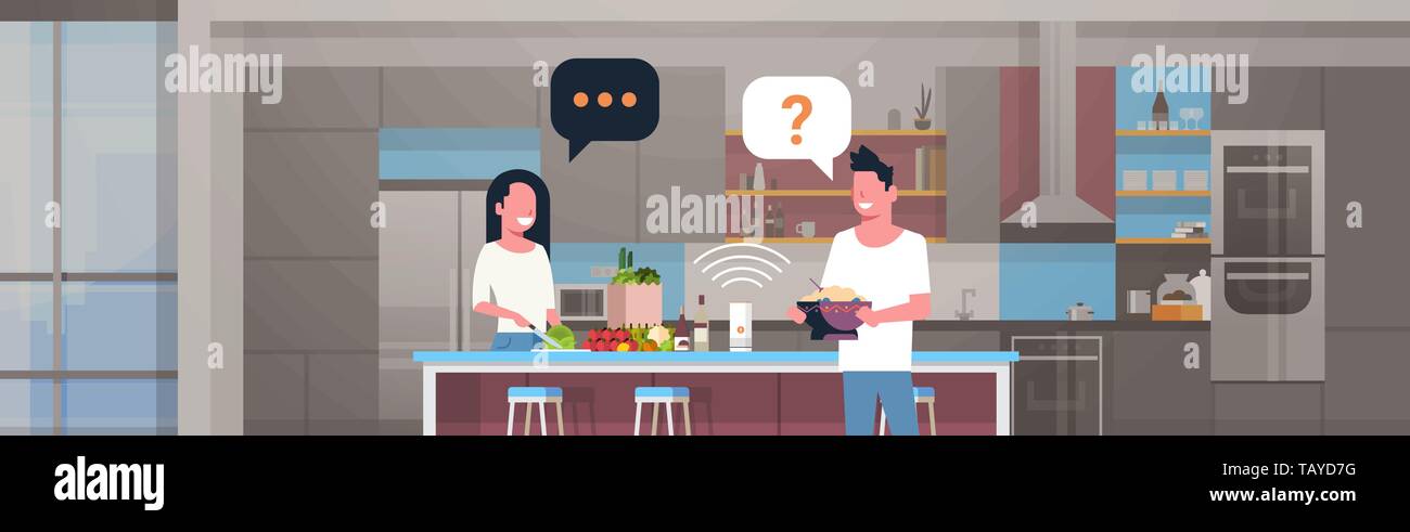 couple using smart speaker man woman preparing food asking recipe voice recognition concept modern kitchen interior flat horizontal portrait Stock Vector
