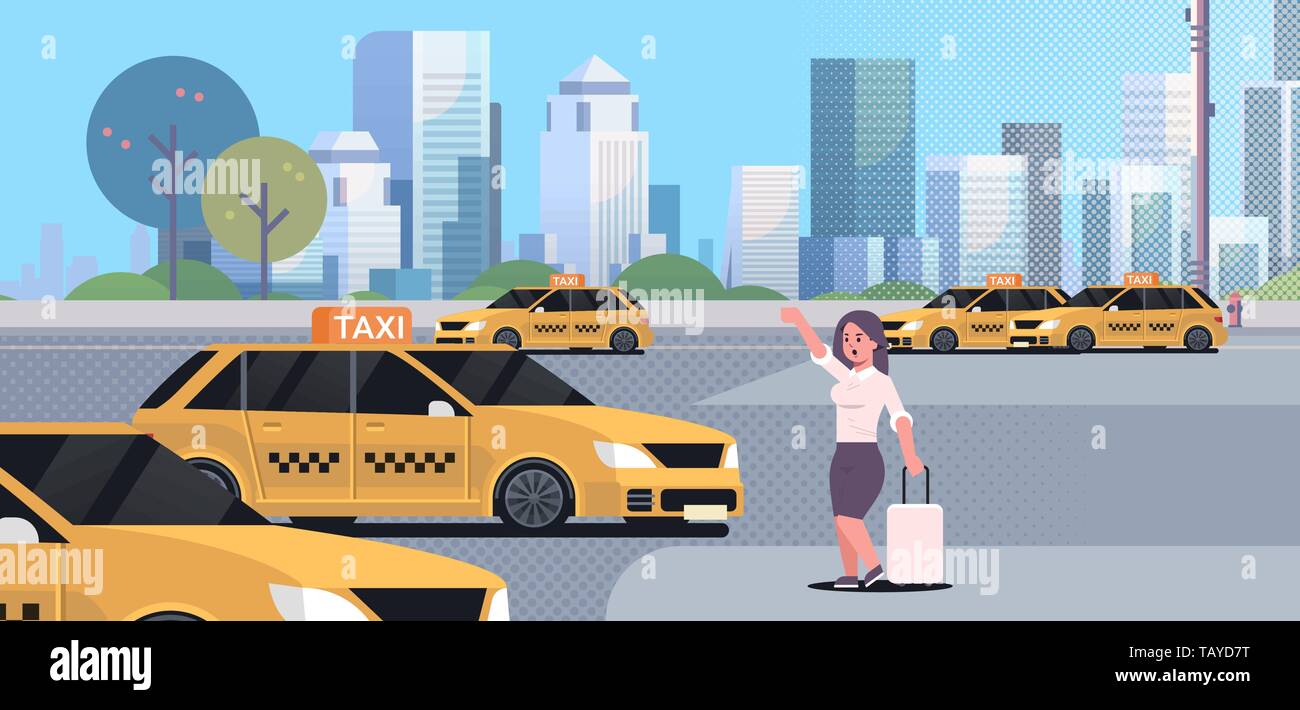 businesswoman catching taxi on street business woman in formal wear with luggage stopping yellow cab city transportation service concept cityscape Stock Vector