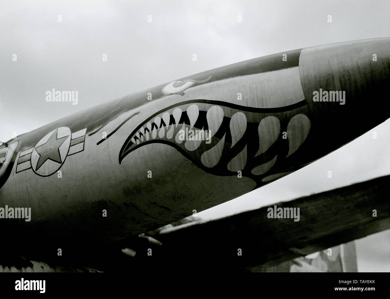 Sharks mouth American WW2-era bomber missile. World War Two 2 Retro Weapon Weaponry Flying Tigers Stock Photo