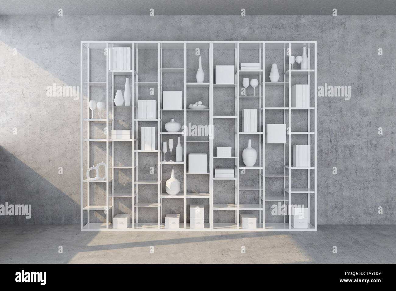 rack with white objects on a concrete wall. 3d rendering Stock Photo ...