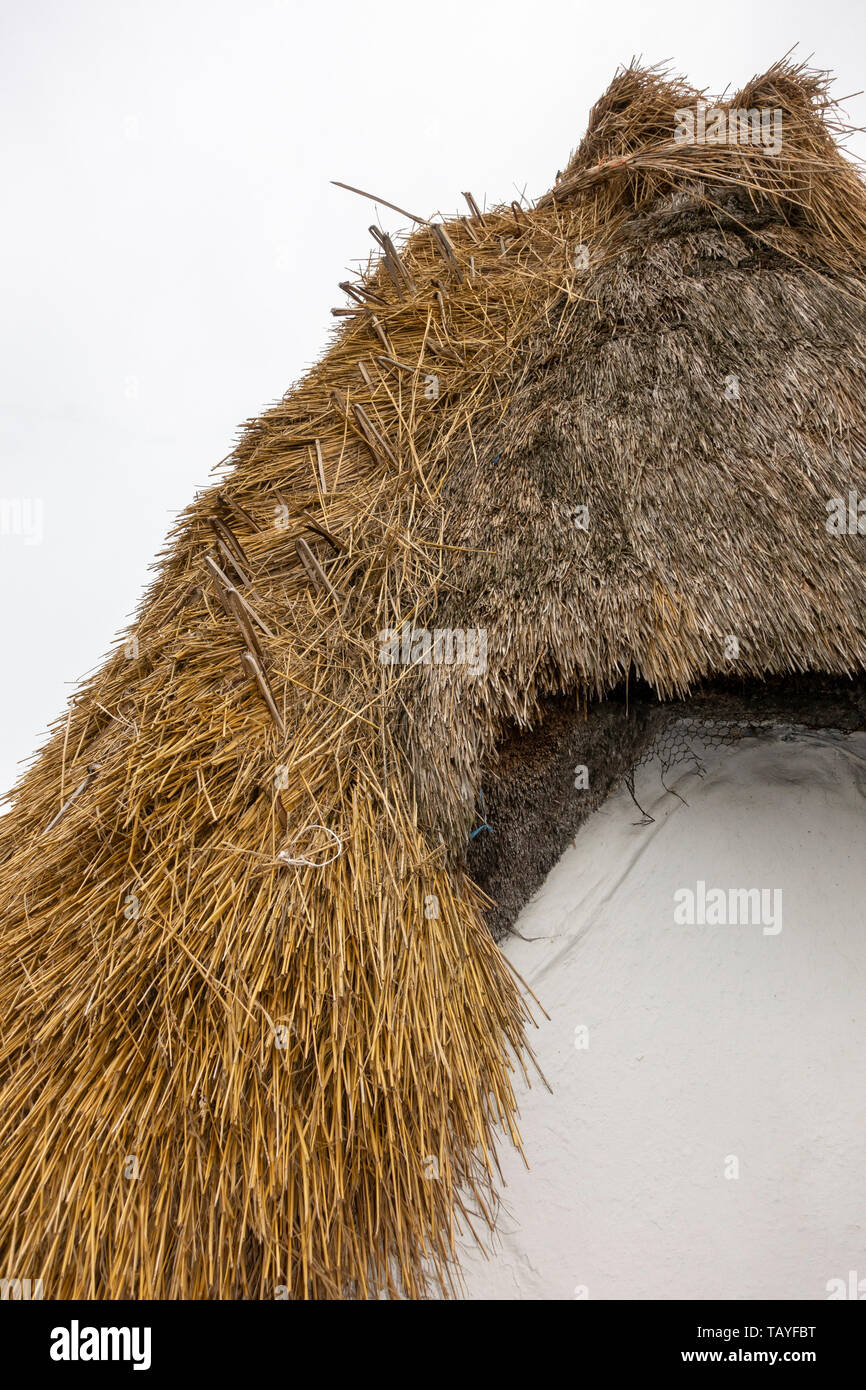 Close up of a thatched roof under repair the small fishing port of Kilmore Quay, Co Wexford, Southern Ireland. Stock Photo