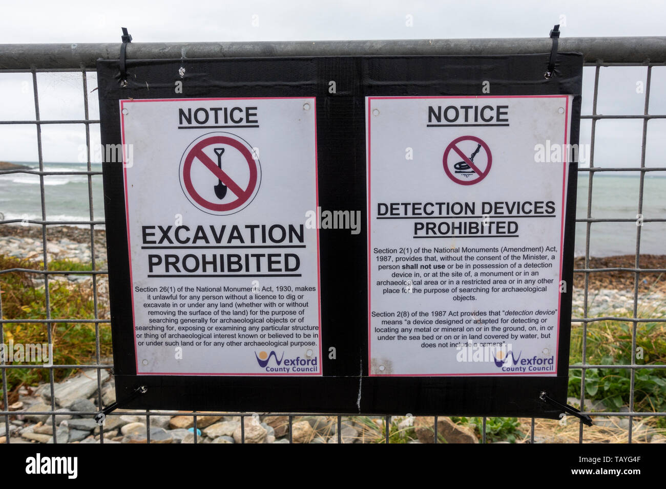 Warning Signs Banning Metal Detecting And Excavation Close To The Beach In The Small Fishing Port Of Kilmore Quay Co Wexford Southern Ireland Stock Photo Alamy