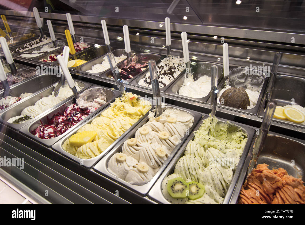 various flavors of gelato icecream at the showcase display in dessert shop Stock Photo