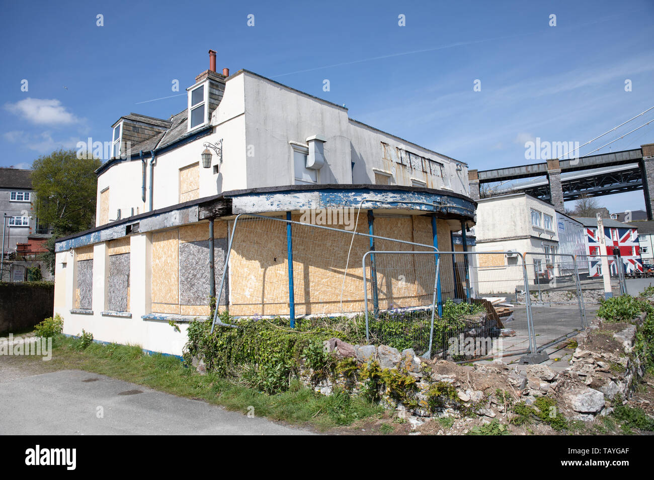 The Derelict Wheatsheaf Pub in Saltash, Cornwall Under Redevelopment Phase for Apartments on the River Tamar. Stock Photo