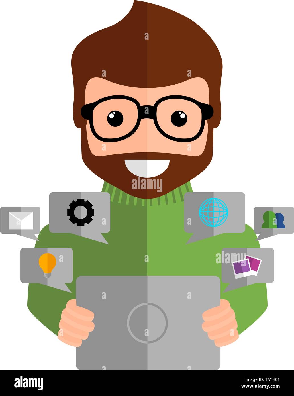 Community manager with a tablet and social media icons - Vector Stock ...