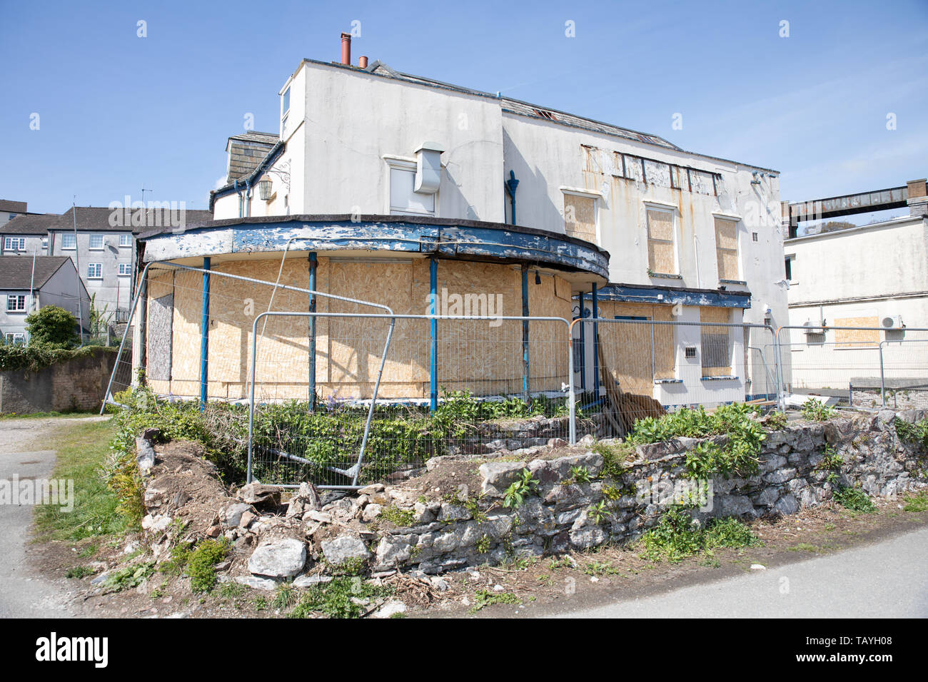 The Derelict Wheatsheaf Pub in Saltash, Cornwall Under Redevelopment Phase for Apartments on the River Tamar. Stock Photo