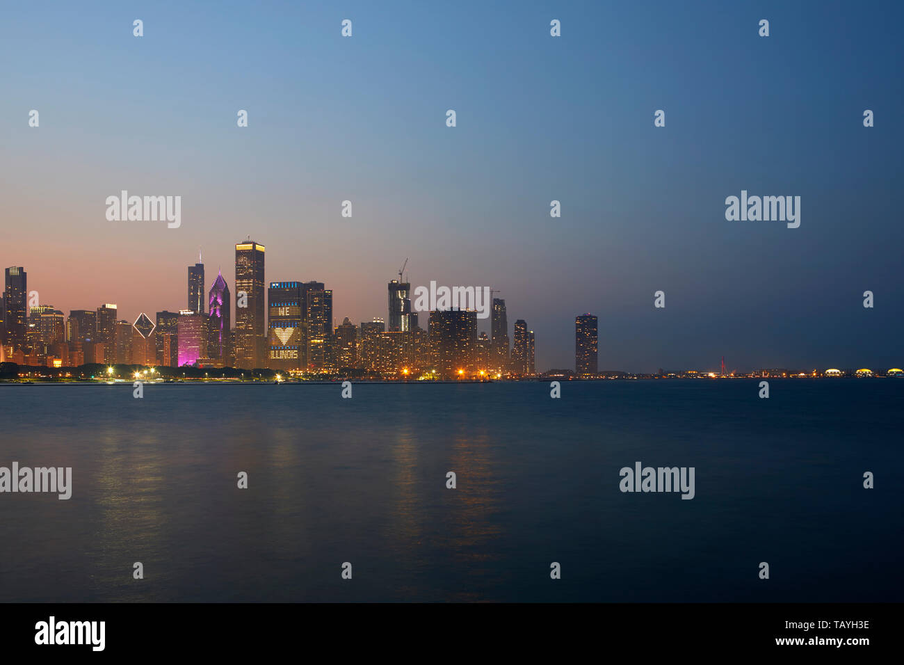 Chicago Skyline at blue hour, Chicago, Illinois, United States Stock Photo