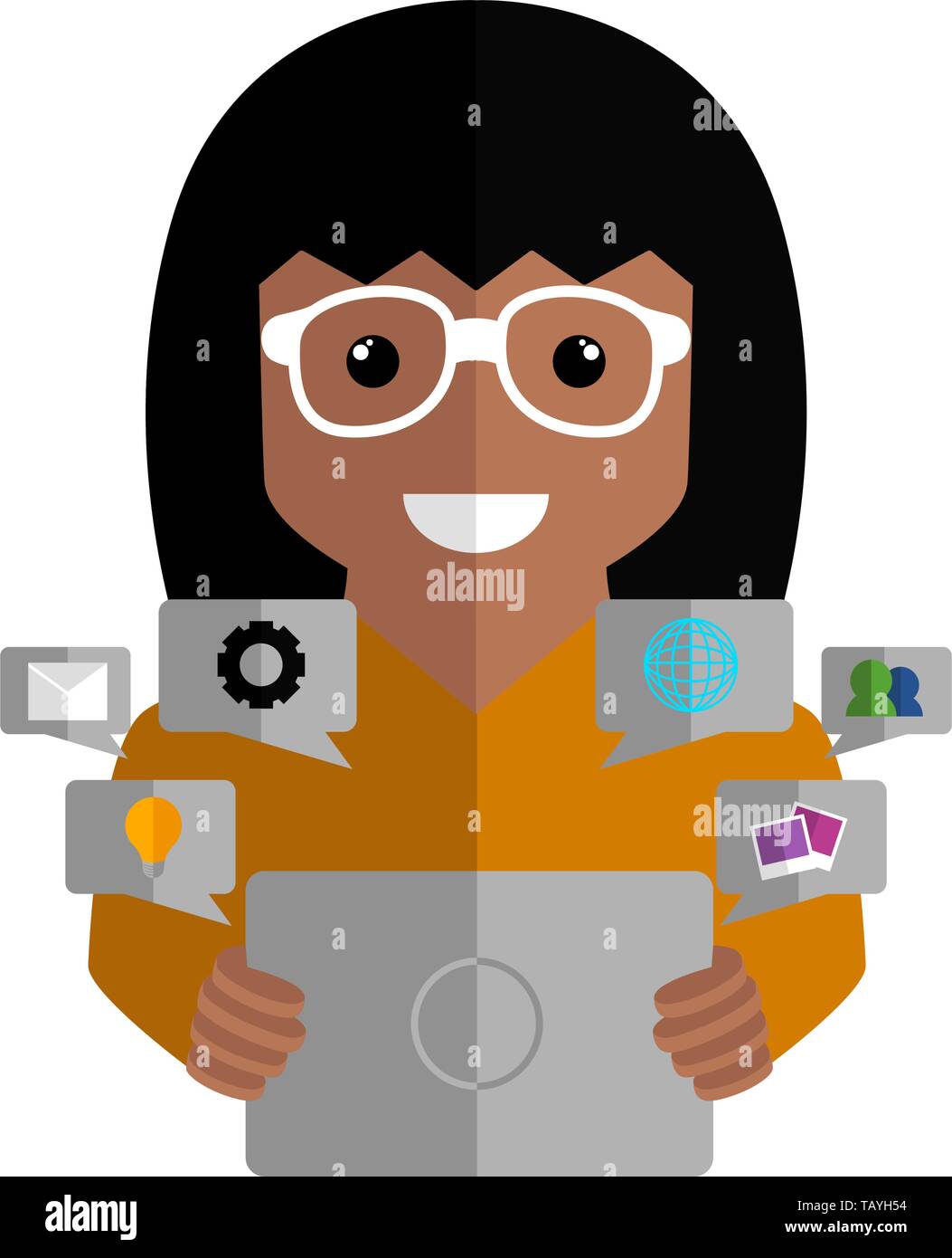 Community manager with a tablet and social media icons - Vector Stock ...
