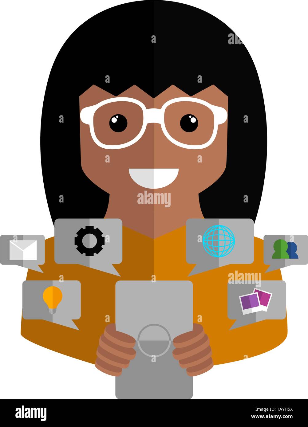 Community manager with a smartphone and social media icons - Vector ...