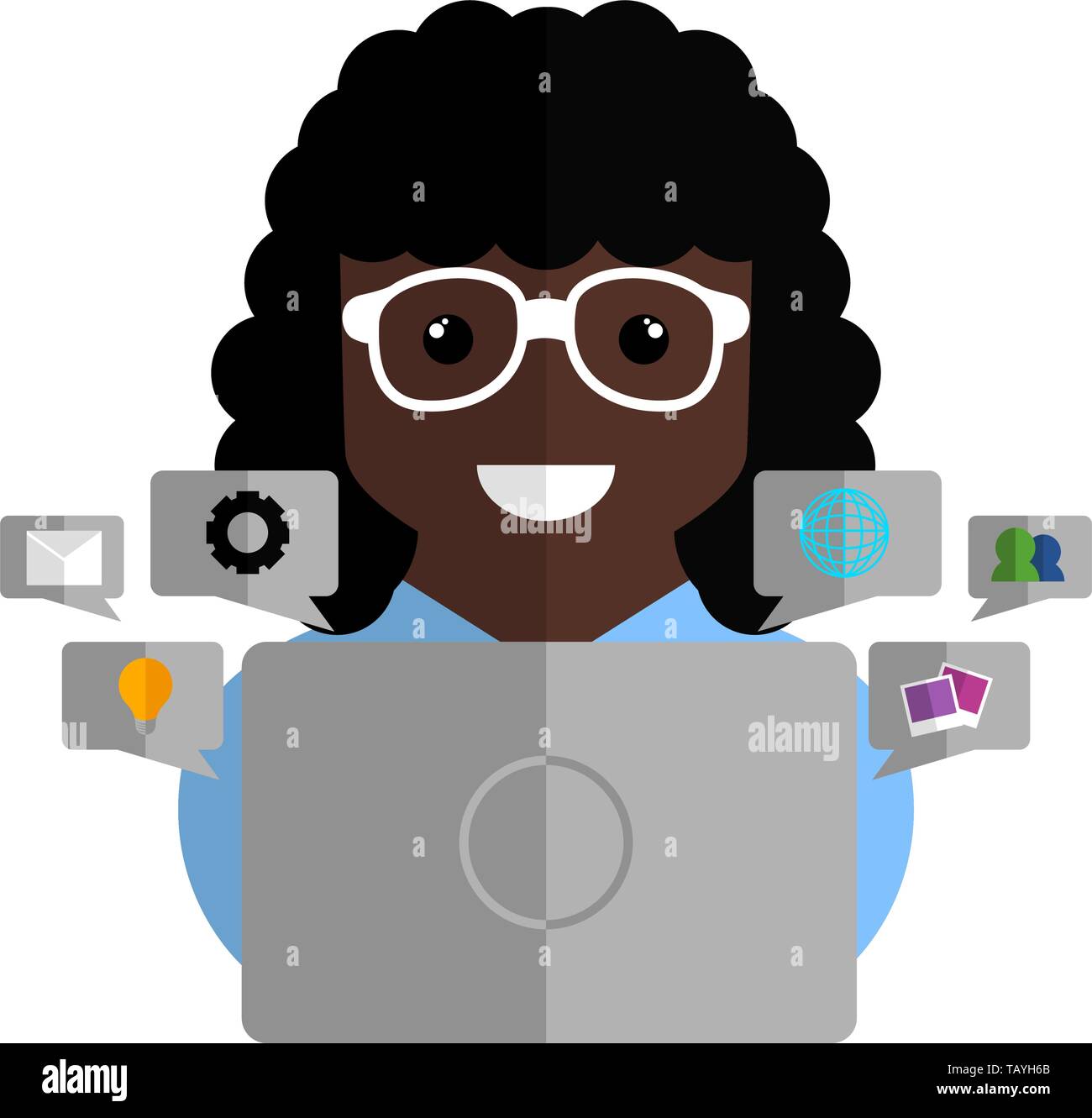 Community manager with a laptop and social media icons - Vector Stock ...