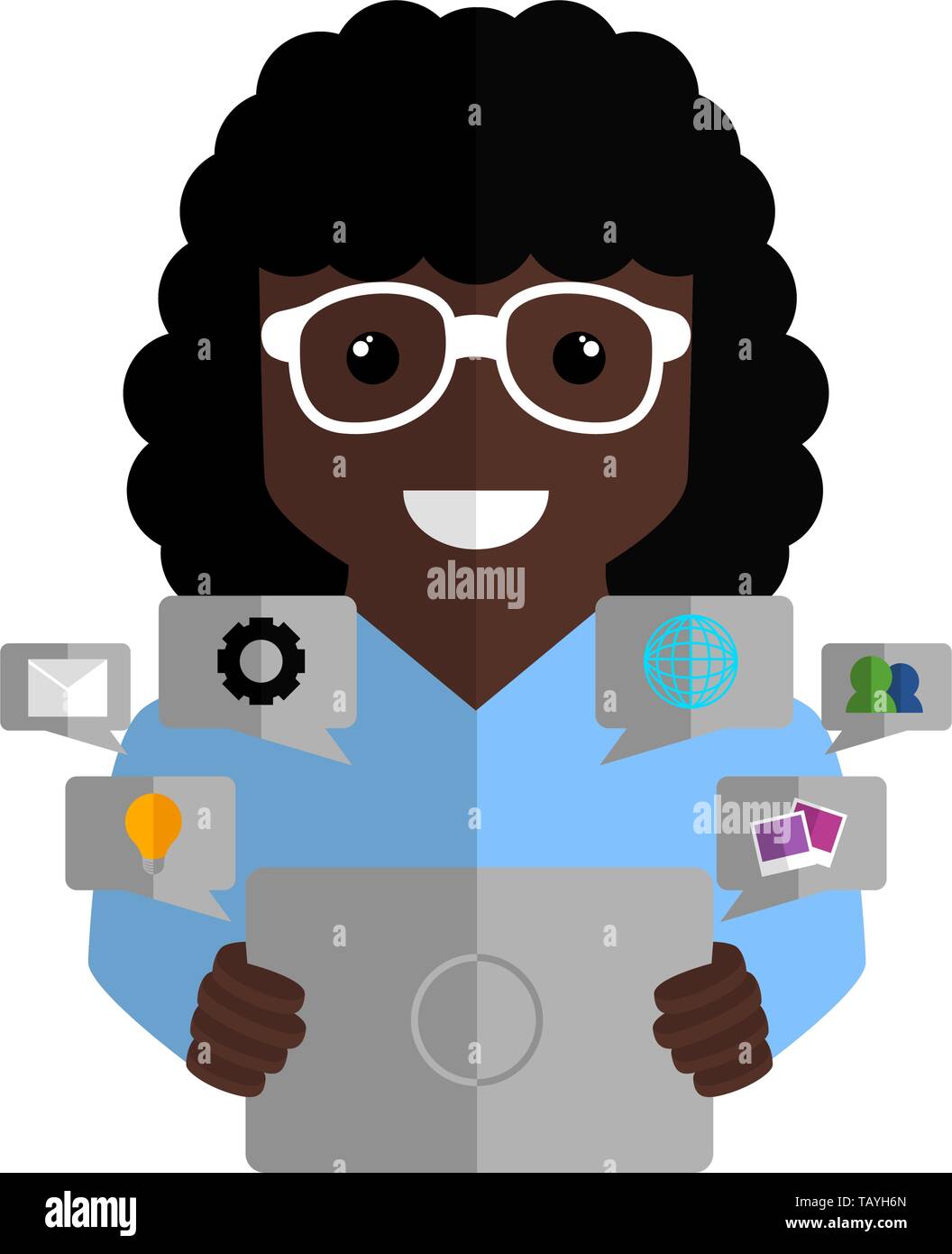 Community manager with a tablet and social media icons - Vector Stock ...