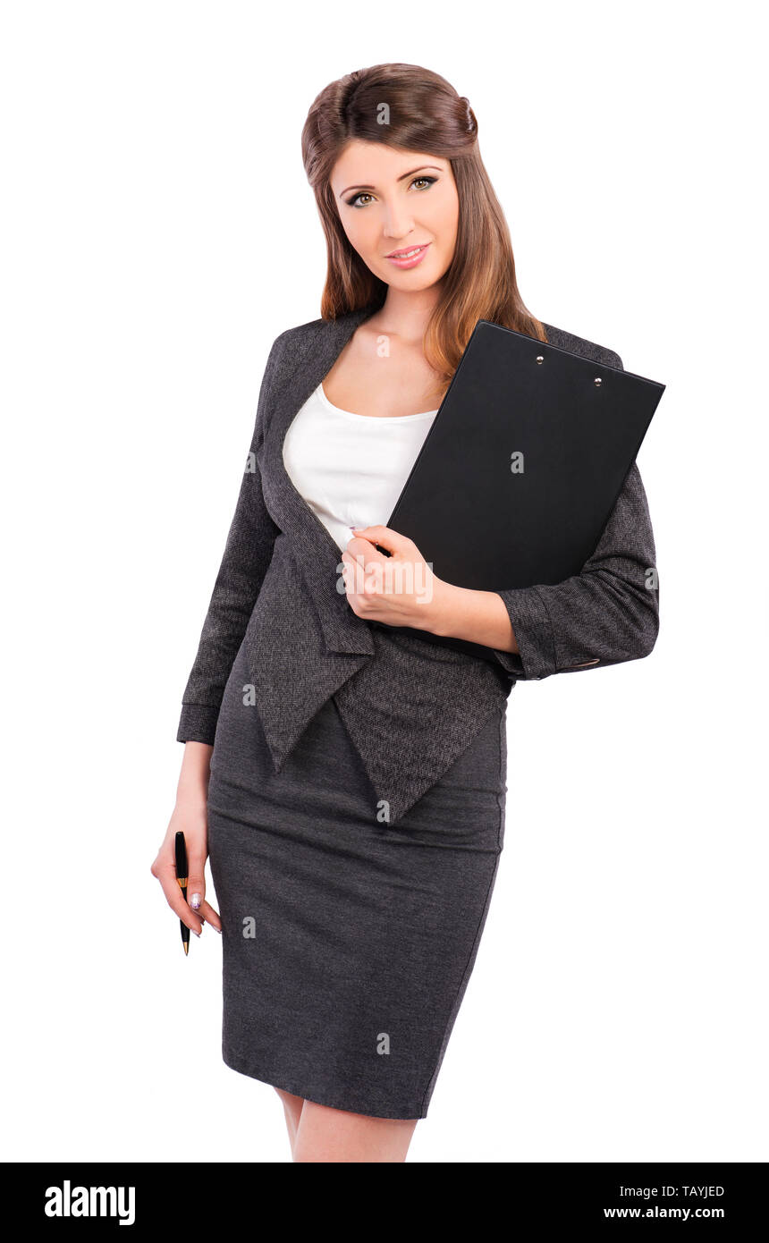 Businesswoman in business suit holding pen and folder Stock Photo - Alamy