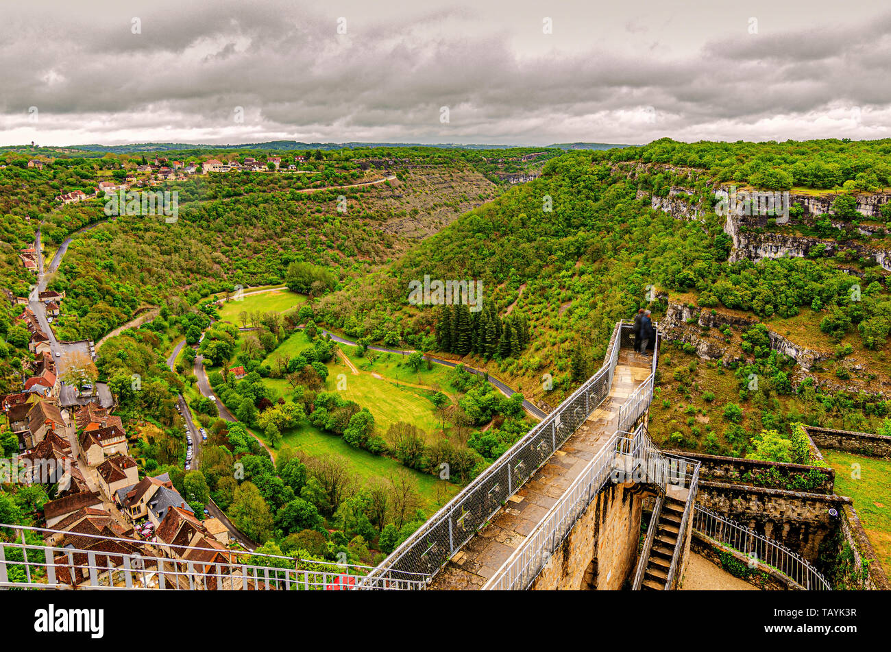 Panoramic view of the village of Rocamadour the Alzou river valley and the Causse calcareous mountains. Department of Lot Occitania France. Stock Photo