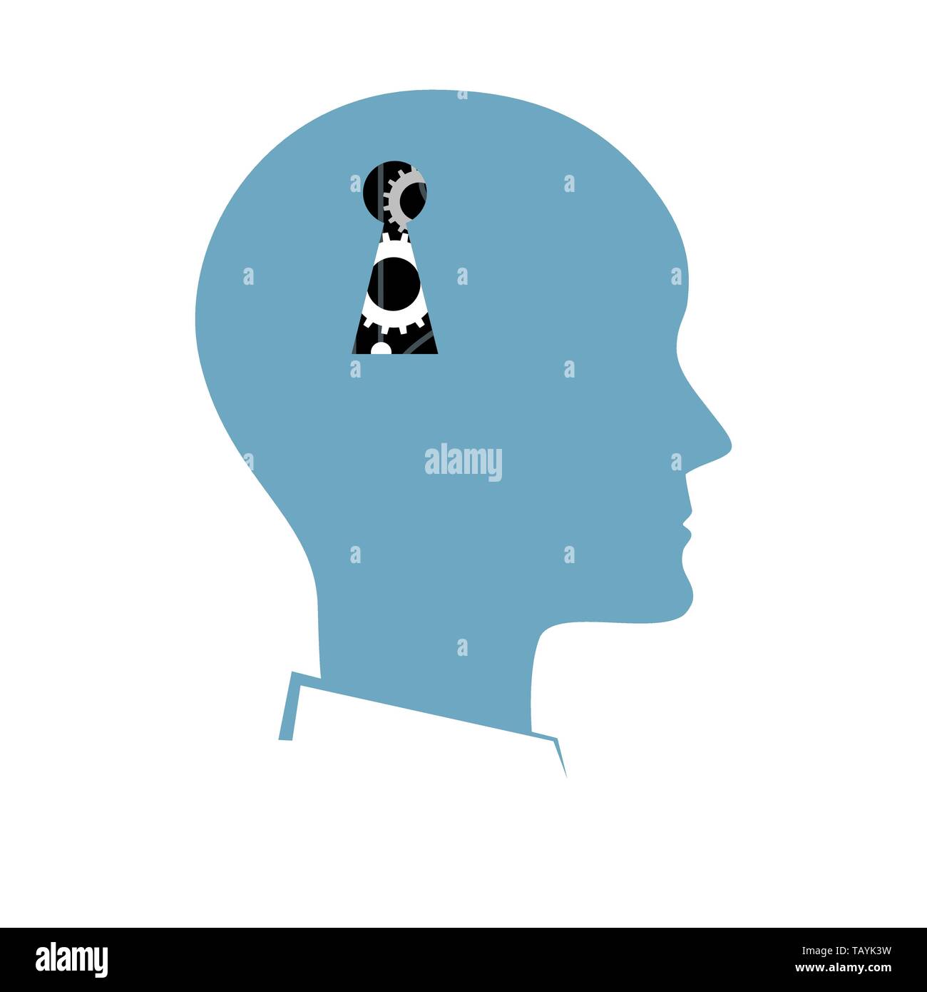 Vector silhouette of human head with a key hole. NLP or Neuro-Linguistic Programming concept. Manipulation, Mental health, personal development, and Stock Vector