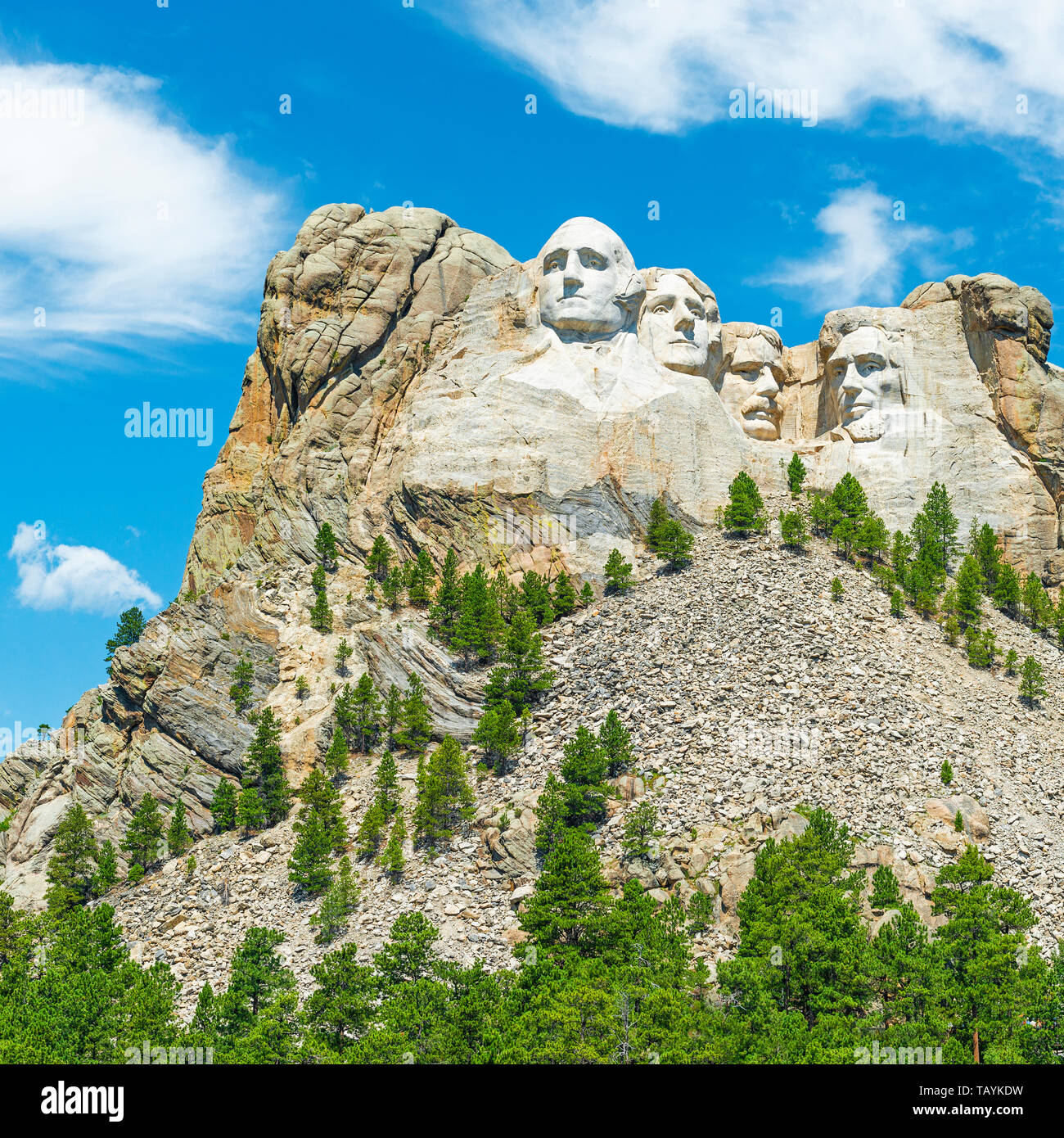 Mount Rushmore national monument with a pine tree forest in the Black Hills near Rapid City in South Dakota, United States of America, USA. Stock Photo