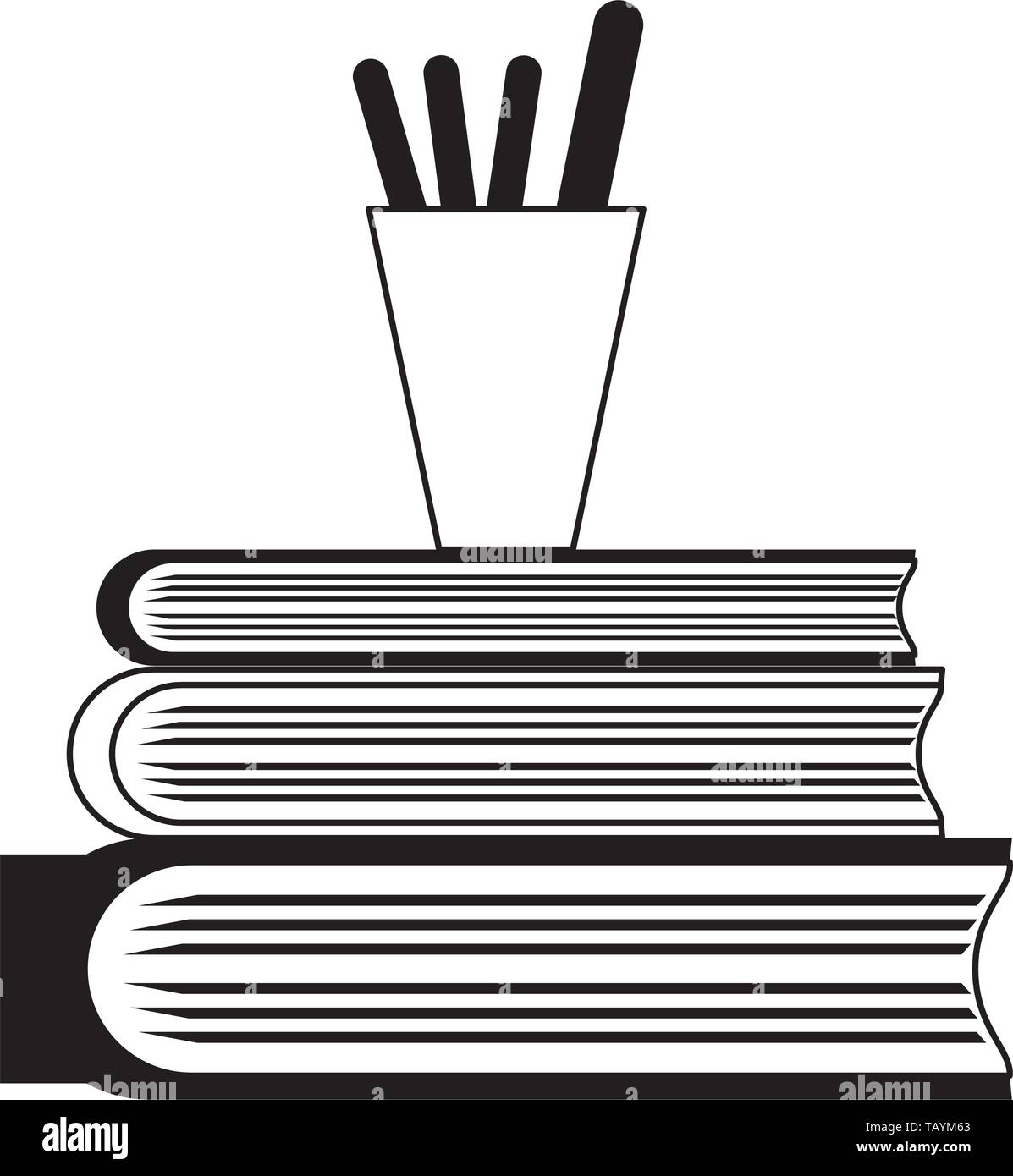 pencils-in-cup-on-books-isolated-in-black-and-white-stock-vector-image