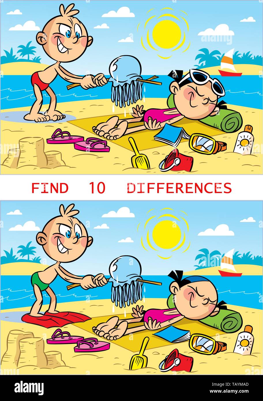 Puzzle with cartoon children on the beach, where you need to find ...