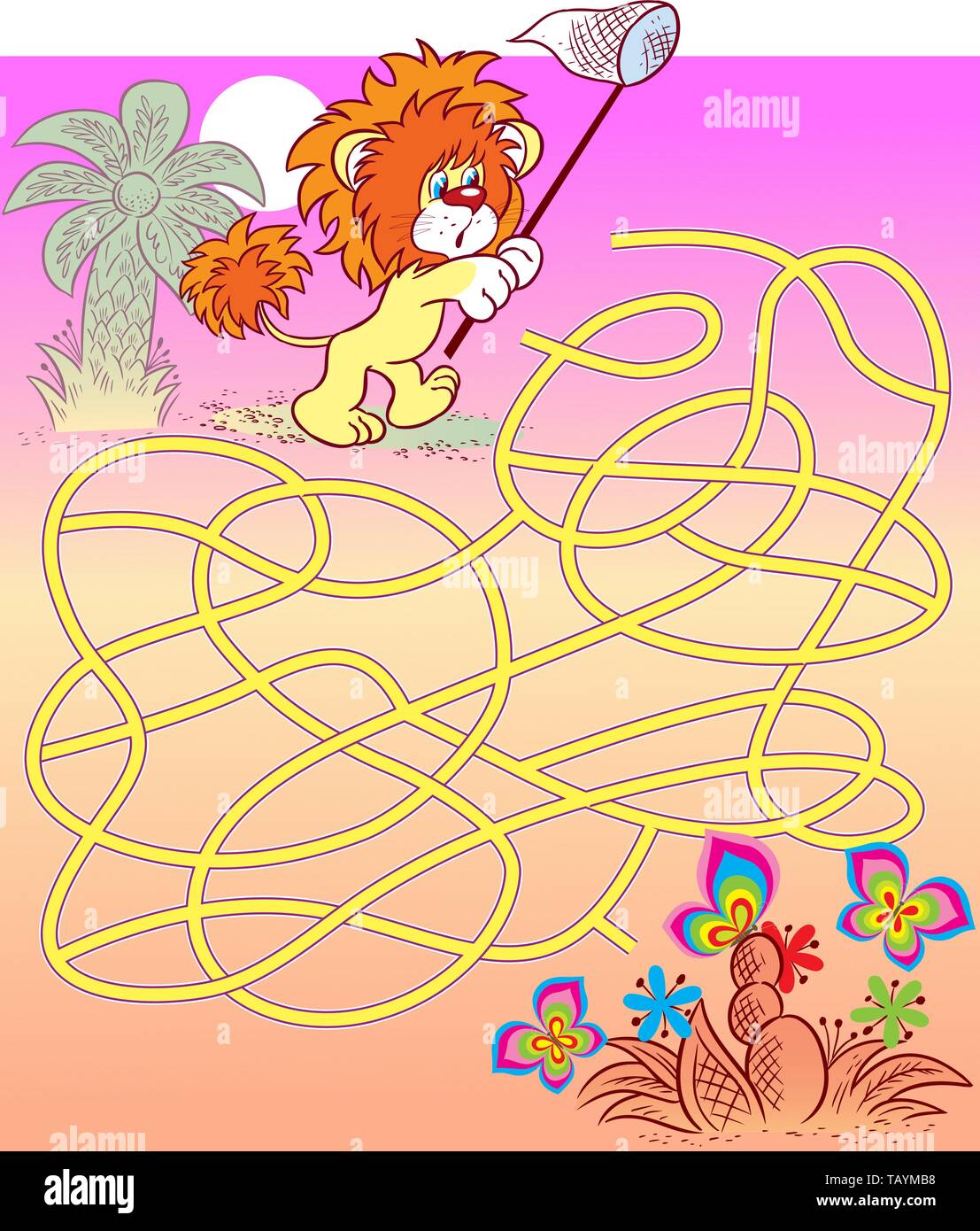 Puzzle maze with lion cub that needs help to catch butterflies. Vector illustration for educational and entertainment programs for children. Stock Vector