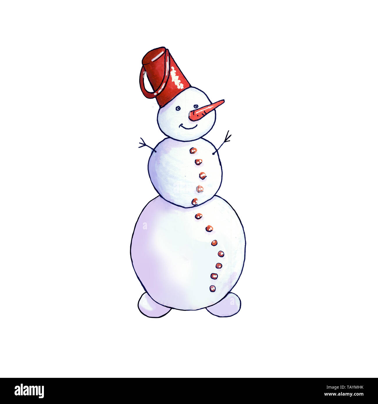 Snowman hand drawn  illustration. Christmas, New Year decoration. Snowman with bucket on head, carrot isolated design element. Cheerful winter holiday greeting card, poster, color clipart Stock Photo