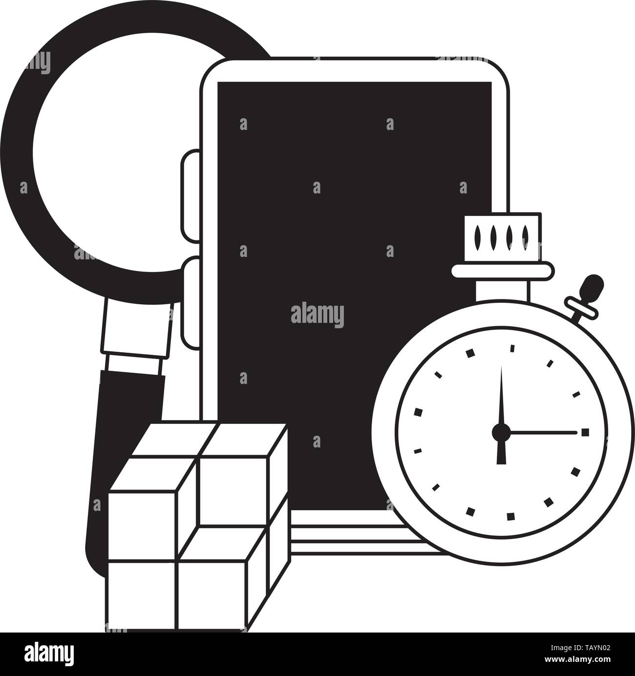 Smartphone magnifying glass with timer and cubes in black and white ...