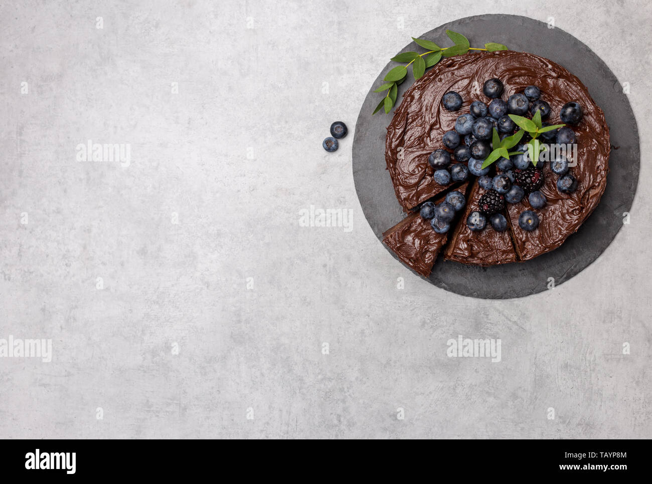 Copy space with chocolate cake with blueberries and green leafs. Flat ...