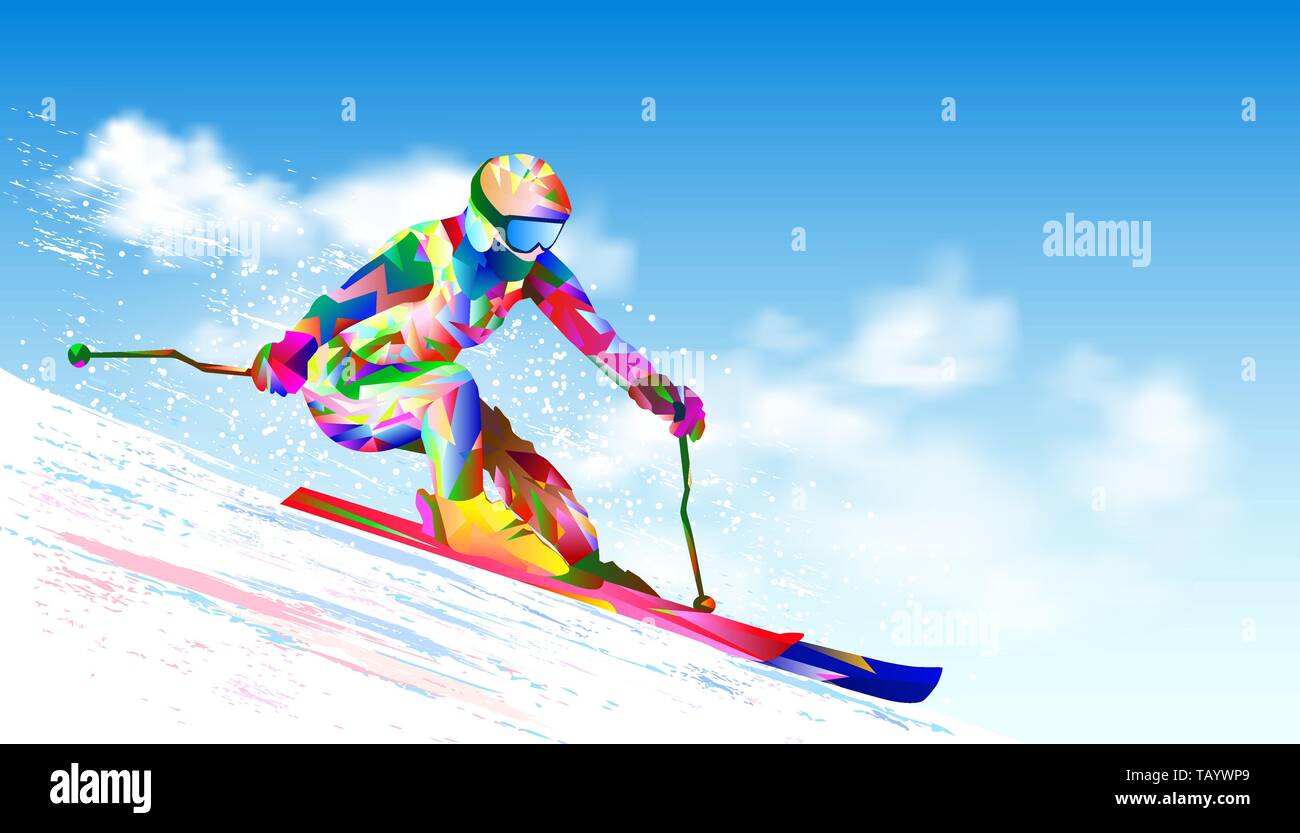 Colorful figure-silhouette of a skier on skis. Athlete skier against the sky and the sun. The athlete on mountain skiing is active, performs downhill  Stock Vector